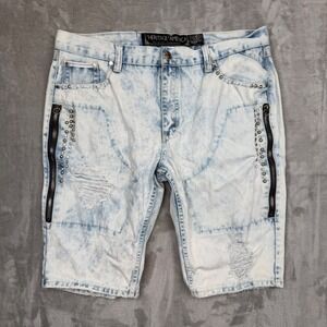 Heritage America Mens 40 Acid Wash Distressed Studded Zipper Denim Shorts Blue